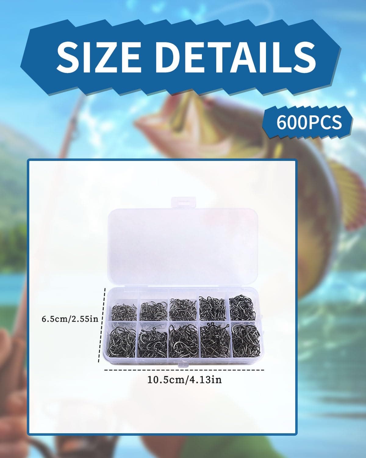 KGDUYC Anzuelos de Pesca, 600 PCS Anzuelos de Pesca en 10 Tamaños, Anzuelos de Púas, Pesca Gancho de Acero al Carbono con Caja de Plástico, 3# - 12# — view 2