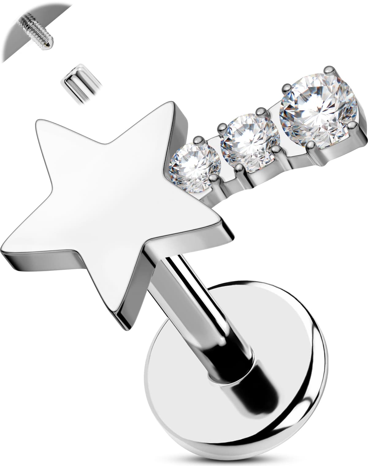 OUFER Body Piercing Helix Earring: 16G Titanium Star CZ Labret Piercing Jewelry Internally Threaded 6mm Bar Gold/Silver Cartilage Tragus Lip Piercings for Women — view 8