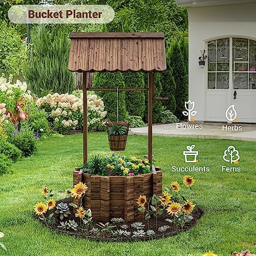UDPATIO Wishing Wells for Outside, Wooden Wishing Well Planter for Yard, Upgrade Wishing Well with 4 Reinforced Rod & Hanging Bucket for Garden Patio Lawn Backyard Home Decor — view 3