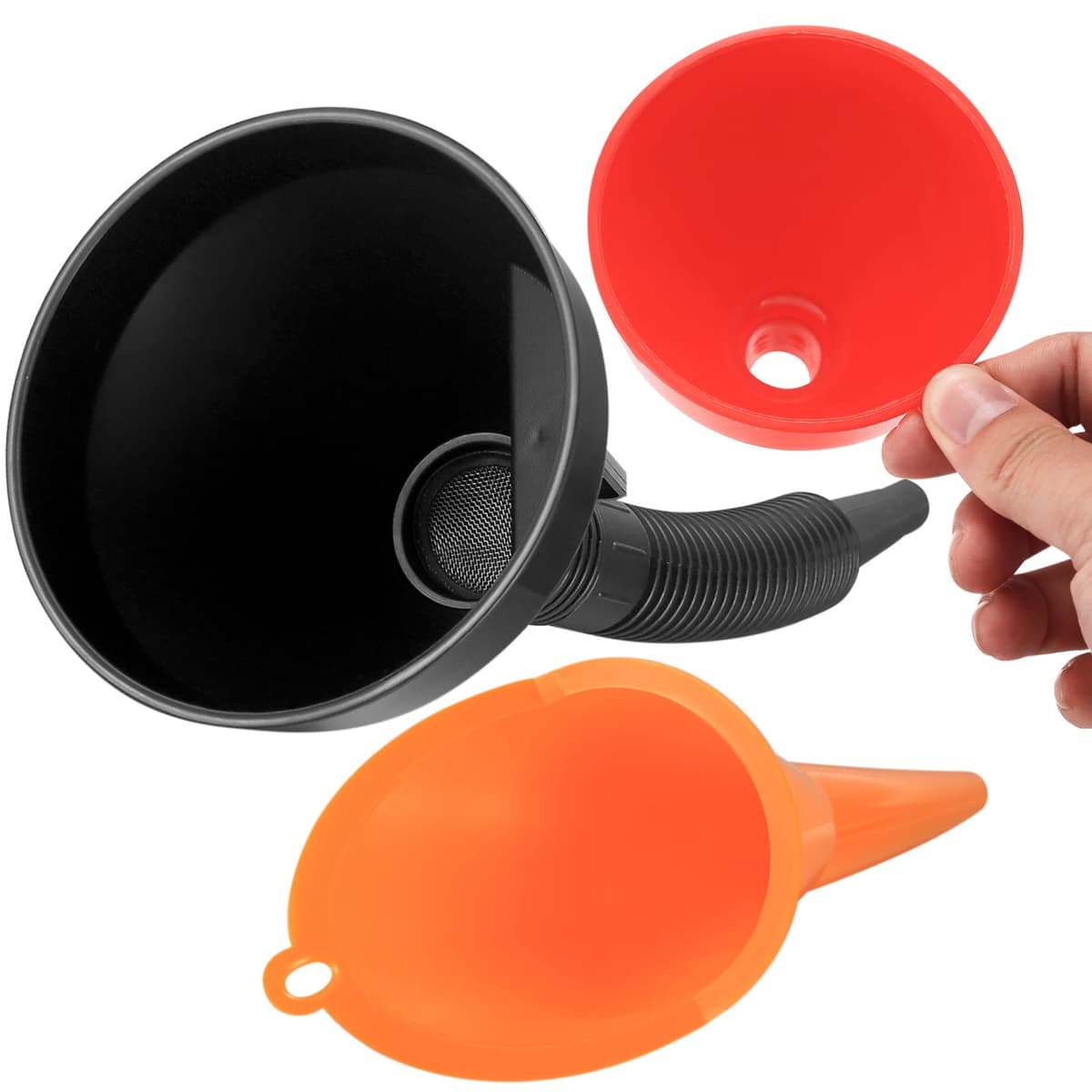 3 Pcs Right Angle Flexible Plastic Funnel Set, Universal Car Gasoline Fuel Petrol Engine Funnel with Detachable Spout and Long Mouth Funnels for Motorcycle Car Automotive (Red/Orange/Black-3PCS) — view 3