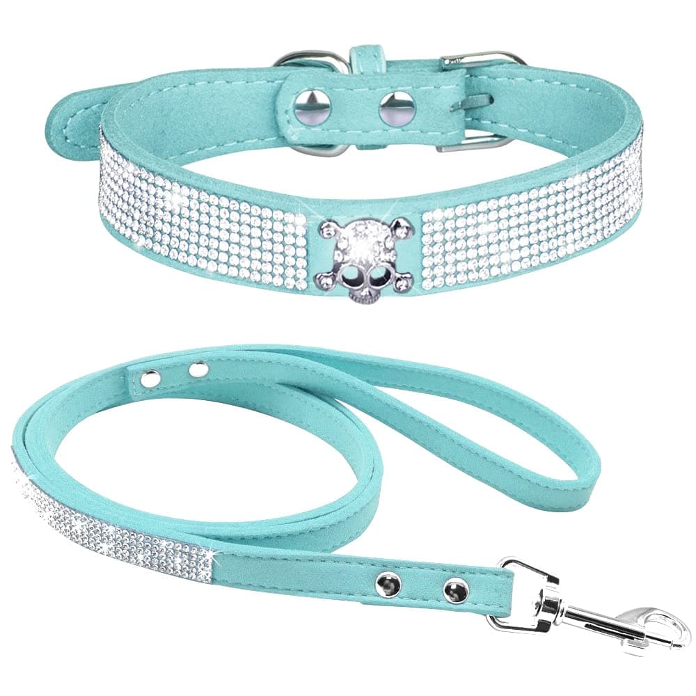 Cute Dazzling Sparkling Elegant Fancy Soft Suede Leather Bling Rhinestone Crystal Jeweled Pet Cat Dog Puppy Collar Dog Leash Combo Set (S, Black-2) — view 41