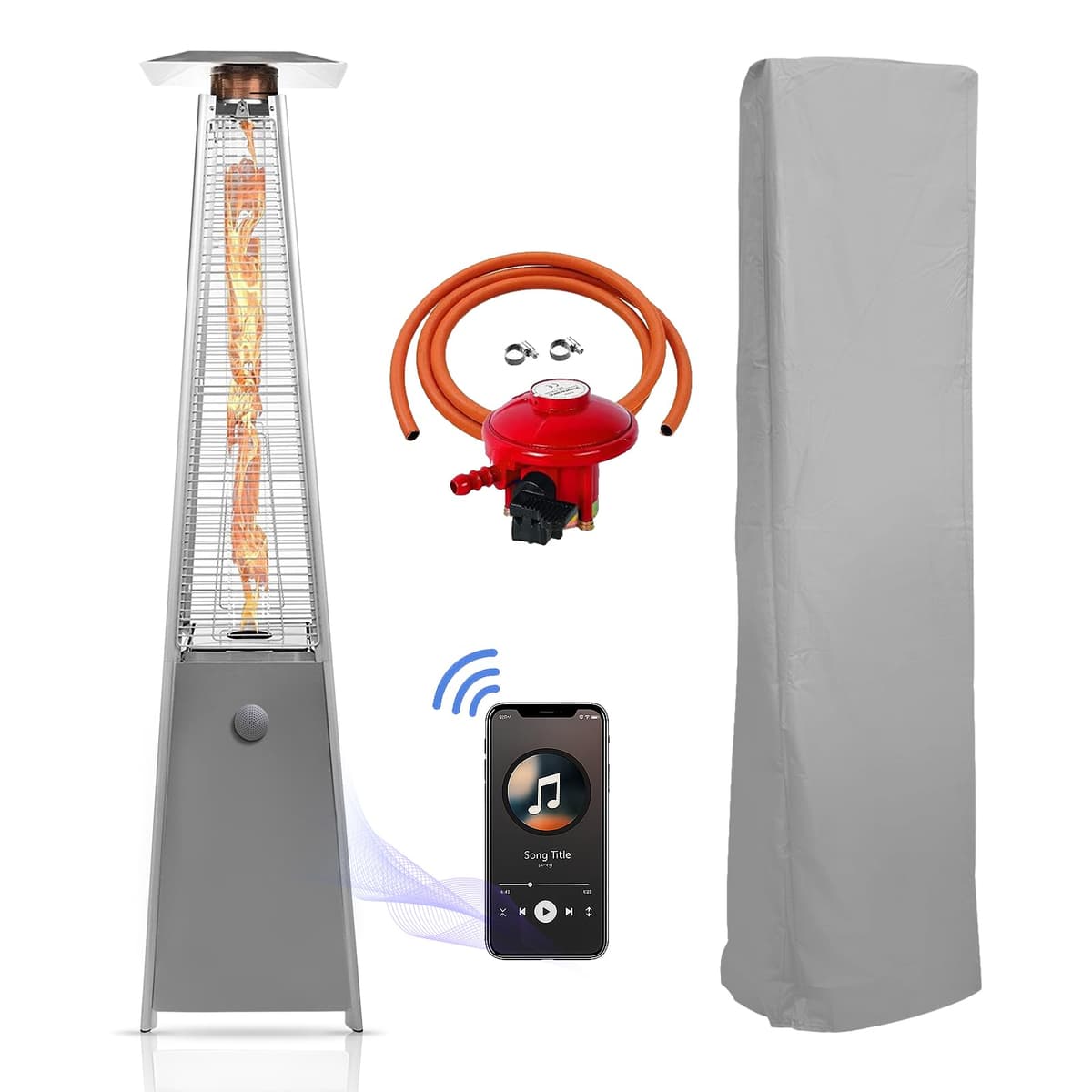 BU-KO Outdoor Patio Gas Heater | Garden, Camp, BBQ Parties | Stainless Steel Pyramid Style 13kw Propane Burner | Portable Wheels, Regulator & Hose | LPG Warm Heating Fire & Water Proof Cover Included