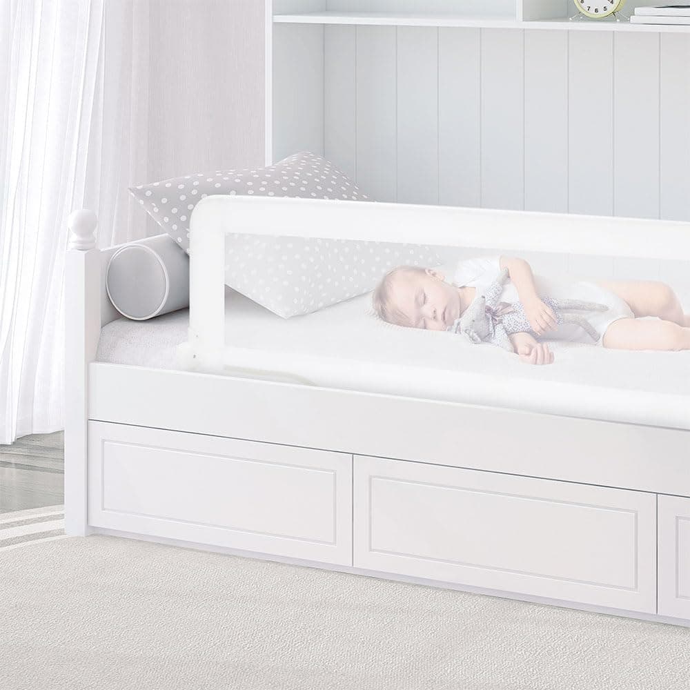 Asalvo Barrera de Cama 2 en 1 de 150 cm para Niño - Abatible con Correas Ajustables + Apta para Cama Nido + Instalación Fácil y Lavado Sencillo - Protección Segura y Estable - Blanco — view 2