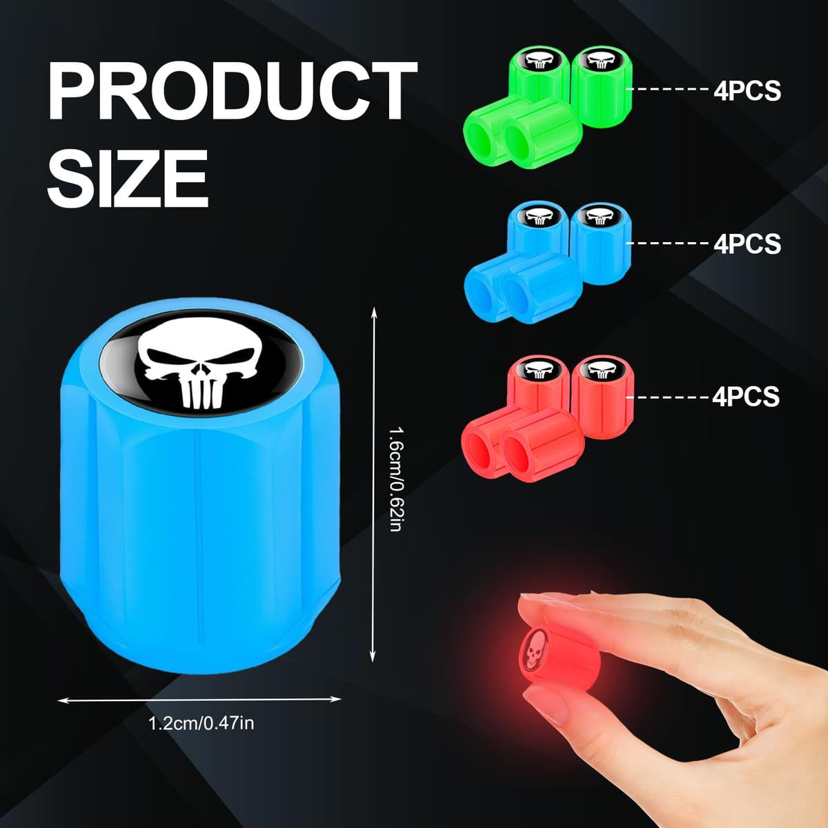 12PCS Fluorescent Tyre Valve Caps (3 Colours), Glow in The Dark Dust Caps for Car Tyres, Universal Tire Valve Cap Set for Car, SUV, Truck, Motorcycle, Tyre Decoration — view 2
