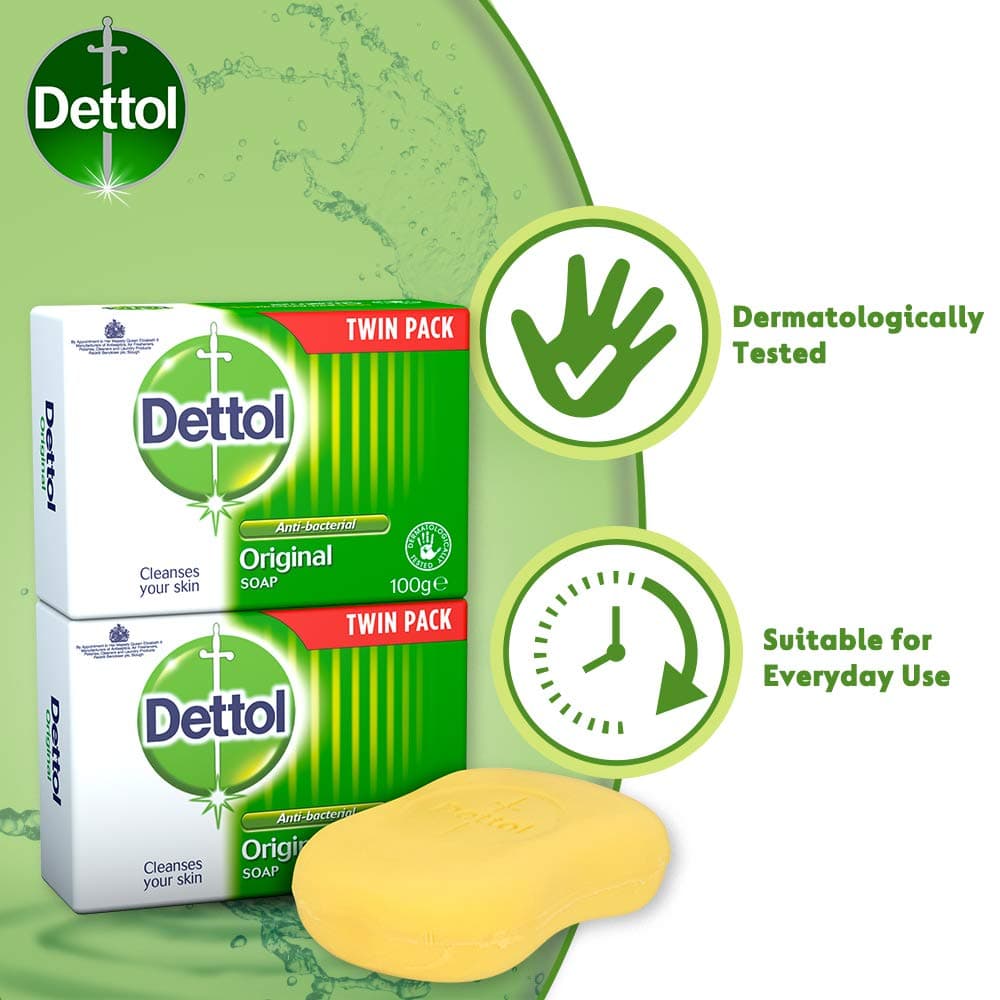 Dettol Soap, Original Antibacterial Bar, 2 Pack (100g x 2) Disinfectant, Soft on Skin, Tough on Dirt, Suitable for Everyday Use, Contains Skins Moisturising Agents, Kills 99.9 Percent of bacteria — view 3