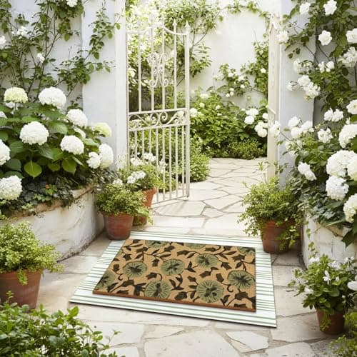 Tinideya 2 Pcs Floral Door Mat Flower Welcome Non Slip Coir Mats Floor Layering Green and White Stripe Summer Doormats Seasonal for Front Porch Entryway Decor(Floral) — view 3