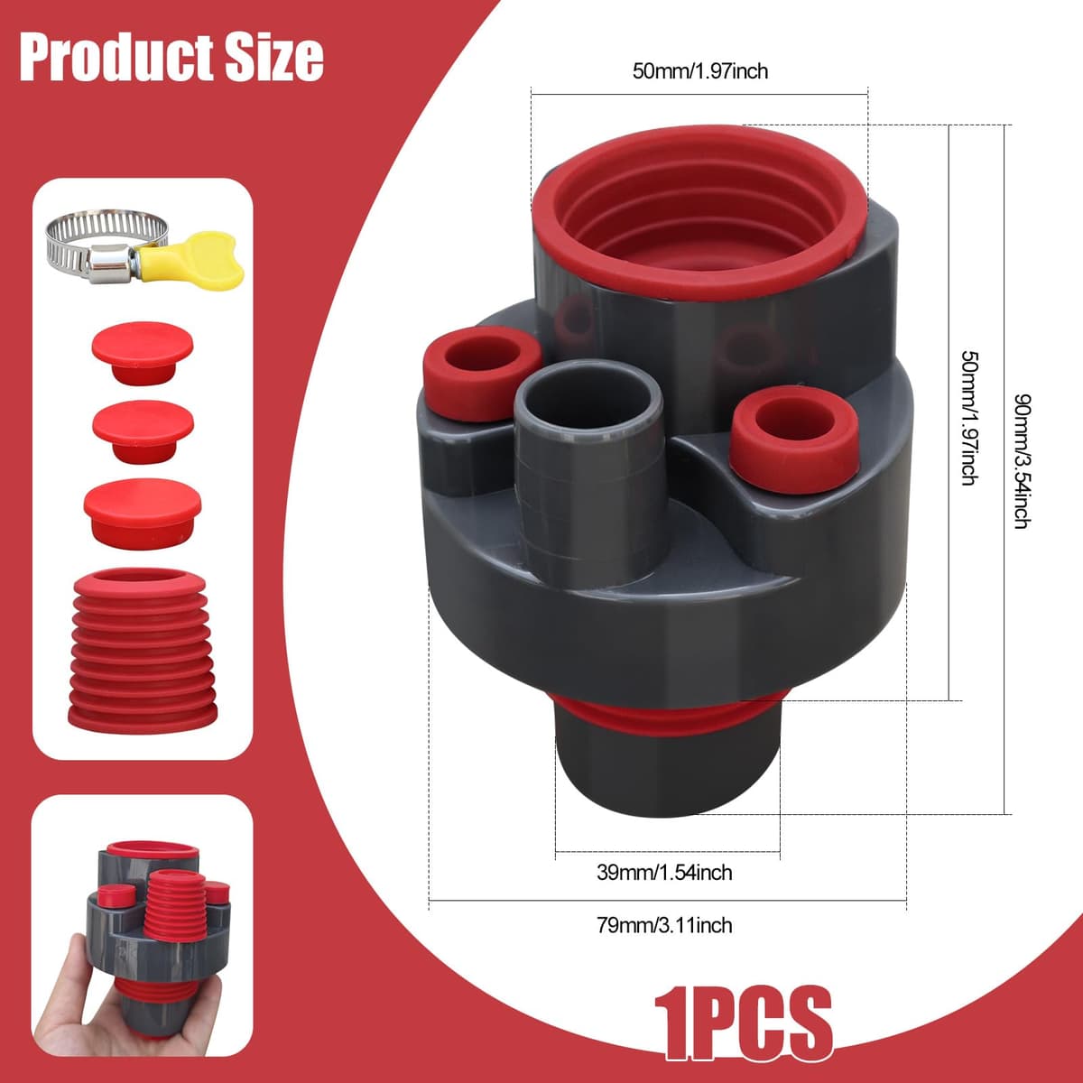 Adaptador de Desagüe para Lavadora y Lavavajillas de 4 Vías, Conector de Drenaje DN 50/75 para Fregadero de Cocina, Sistema Anti-olor y Sellado de ABS Rojo y Gris, Divisor de Tubería de Desague, 1pc — view 2