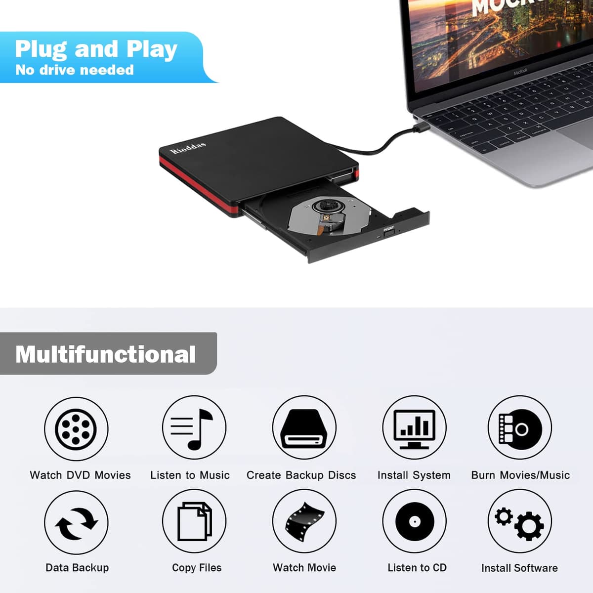 Rioddas External CD Drive, USB 3.0 Portable CD/DVD +/-RW Drive Slim DVD/CD ROM Rewriter Burner for Laptop Desktop PC Windows and Linux OS Apple Mac Macbook Pro — view 4
