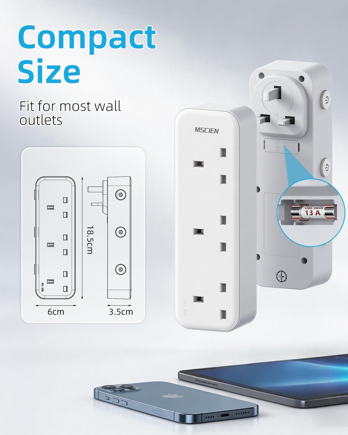 Mscien Multi Plug Extension Socket, UK Wall Socket Plug Extender with 315 Degree Rotating Design for Home, Office, Dorm (3 Way UK Sockets) — view 5