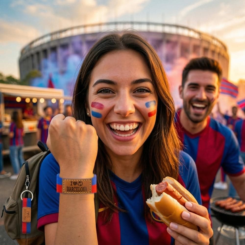 BDM Pulsera y Llavero Barcelona Azulgrana Futbol| Tela Elástica con Parche de Cuero "I Love Barcelona" | Tallas 16-18 cm y 18-20 cm | Pack o Individual — view 5