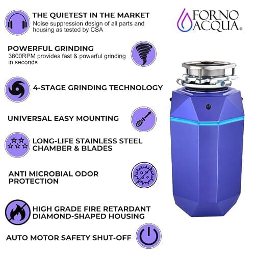 FORNO ACQUA BrightDIAMOND Amethyst 1HP Super Quiet Garbage Disposal Corded with Motion Sensor Cabinet Light & Pre-Wired Air Switch — view 3