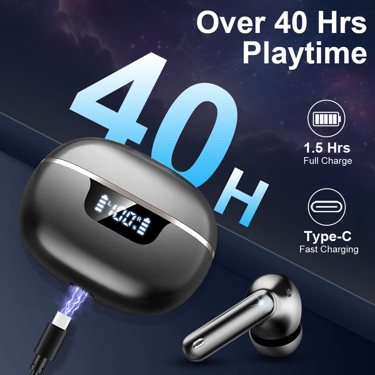 2026 Wireless Earbuds, Bluetooth 5.4 Headphones, 50H Playtime In Ear Earphones HiFi Stereo, Ear buds with 4 ENC Noise Cancelling Mics Deep Bass, IP7 Waterproof Earbuds with LED Display, Fast Charging — view 7