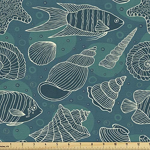 Ambesonne Sea Shells Fabric by The Yard, Nautical Ocean Pattern Underwater World Sea Life Theme Sketch Style, Decorative Fabric for Upholstery and Home Accents, 2 Yards, Petrol Blue