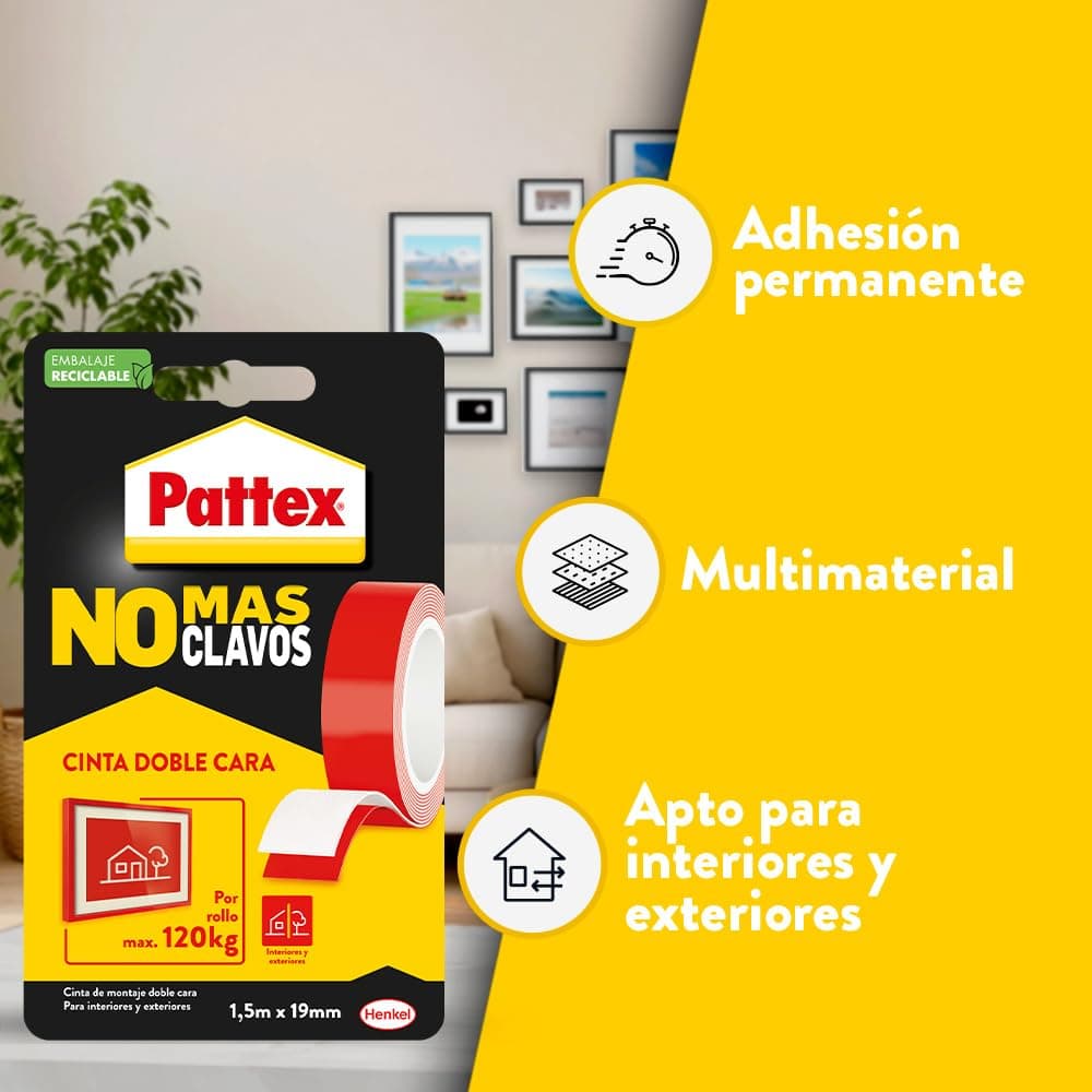 Pattex No Más Clavos Cinta, cinta adhesiva para aplicaciones permanentes, cinta de doble cara extrafuerte, adhesivo de montaje para interior y exterior, 19 mm x 1,5 m — view 4