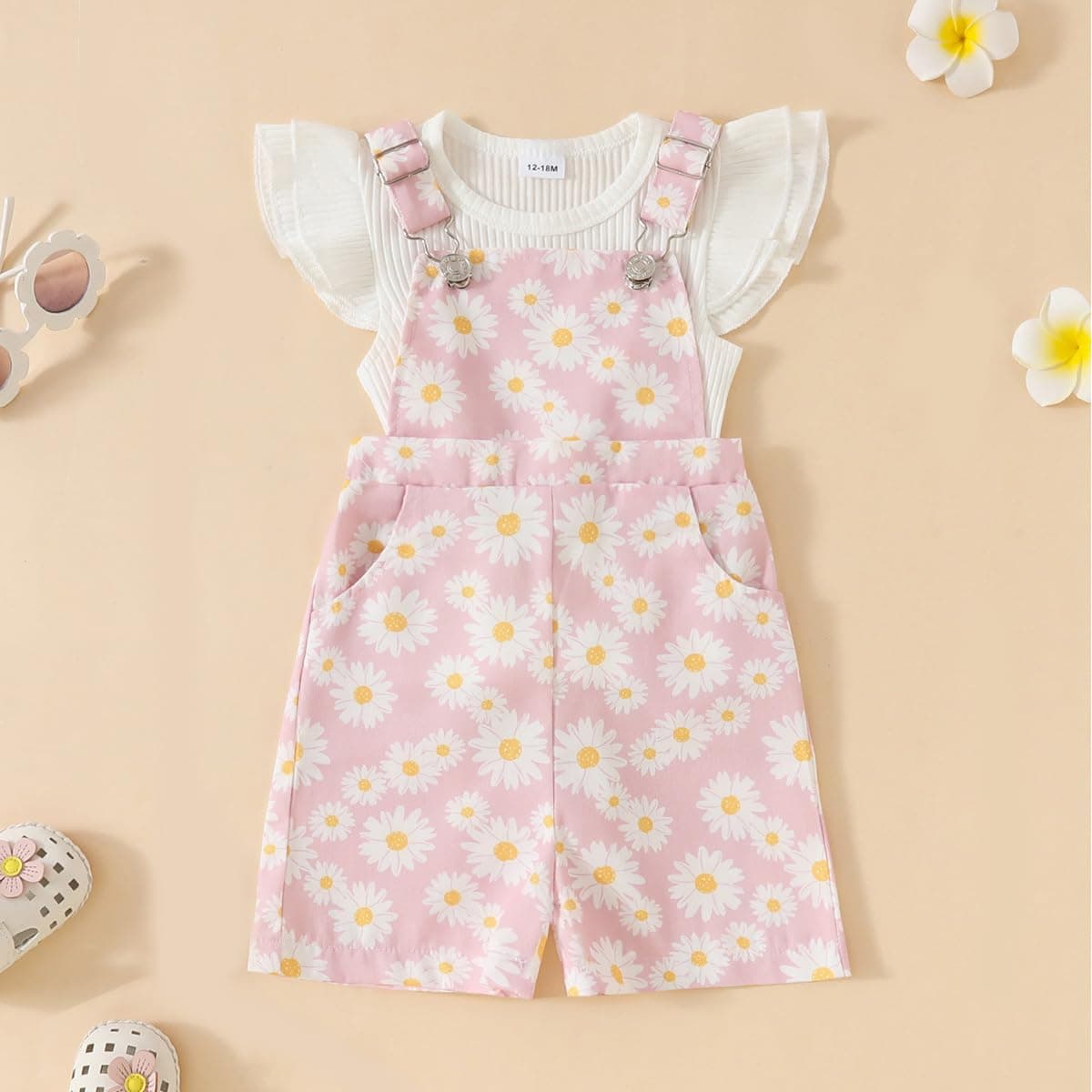 Conjunto Ropa de Verano para Bebé Niña Top de Canalé con Volantes+ Estampado de Margaritas Pantalones Cortos con Peto Bretelles Adorable Infantil Trajes — view 2