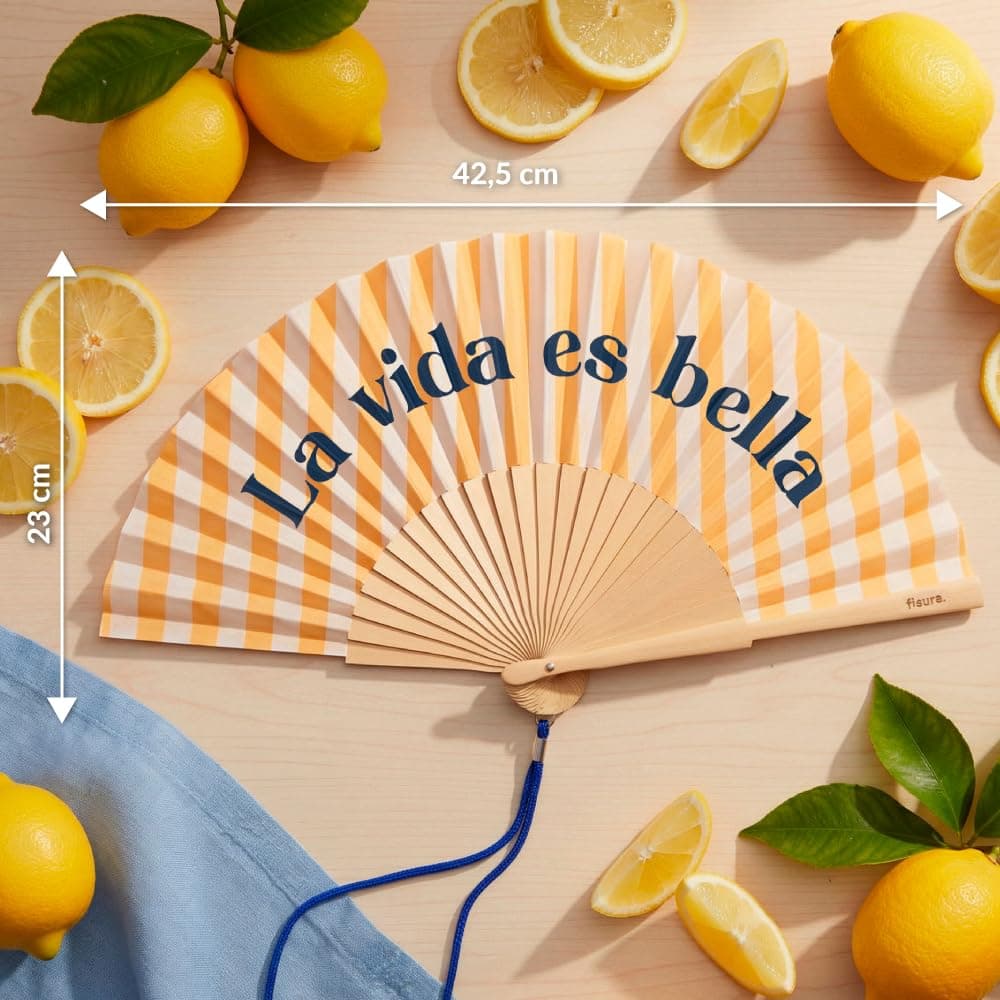 Fisura – Abanico Original con Mensaje “La Vida es Bella”. Abanico de Madera Moderno y Colorido. Ventilador de Mano Amarillo de Rayas. Colgador Incluido. Idea de Regalo Divertida. 42,5 x 23 cm — view 5