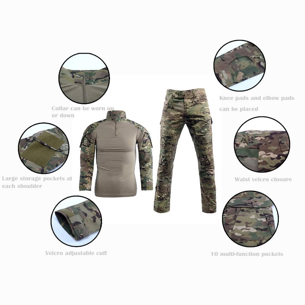 Traje de camuflaje para hombre, camiseta de combate de paintball, pantalones tácticos, manga larga con cremallera 1/4, traje militar, camuflaje al aire libre, ropa de caza BDU.. — view 2