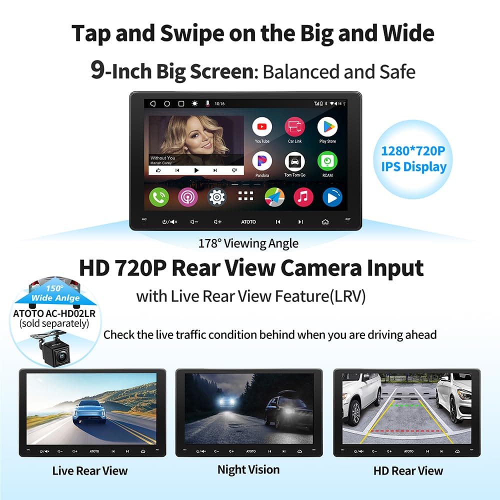 [9 Pulgadas] ATOTO A6 PF DIN Doble Android Radio, CarPlay inalámbrico y Android Auto, Pantalla IPS, Bluetooth Doble, Conexión a Internet WiFi/BT/USB,HD LRV, 2G + 32G, A6G209PF — view 3