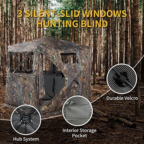 FUNHORUN Hunting Blind 270 Degree See Through Ground Blind for Deer/Turkey Hunting, 2/3 Person Pop Up Camouflage Tent with Chair, Portable Concealed Shelter with Carrying Bag — view 3