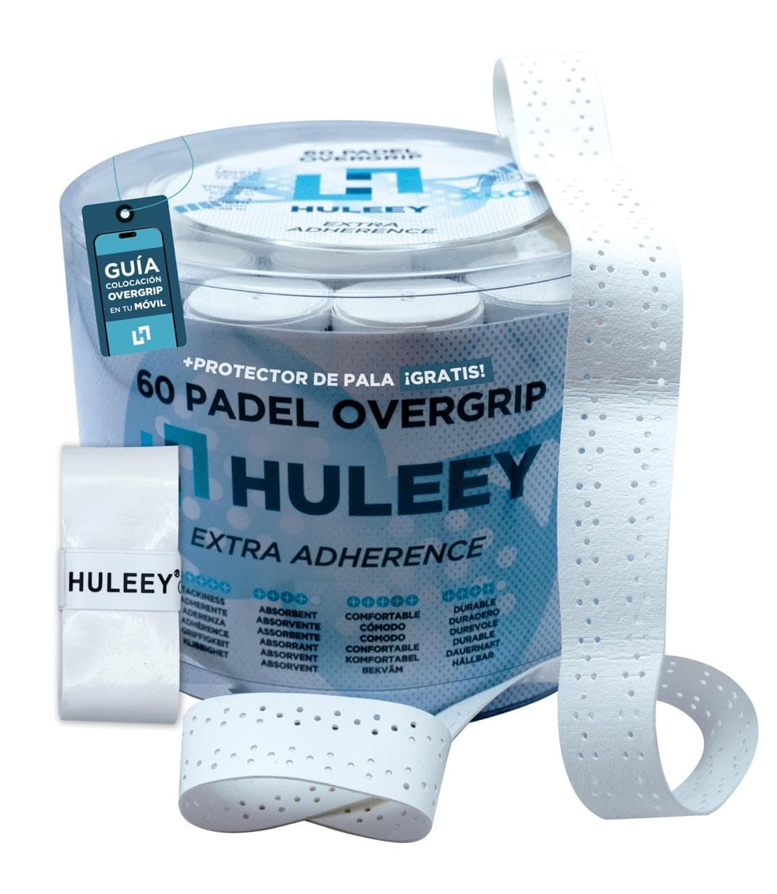 Overgrips Pádel Blanco Perforado – Packs 6/12/20/60 – Antideslizante Extra-Adherente – Alta Absorción – Incluye Protector de Pala