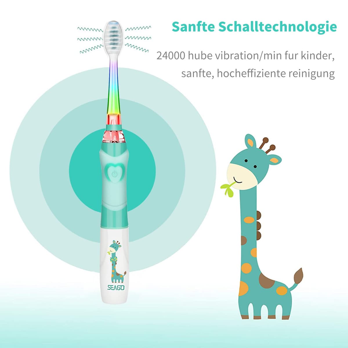Seago Cepillo de Dientes Infantil Eléctrico Para Niños 3–12 Años Kids Con Luz de Colores,Temporizador Inteligente de 2 minutos,4 Cabezales Suaves SG-EK6/SG-977 (Verde) — view 5