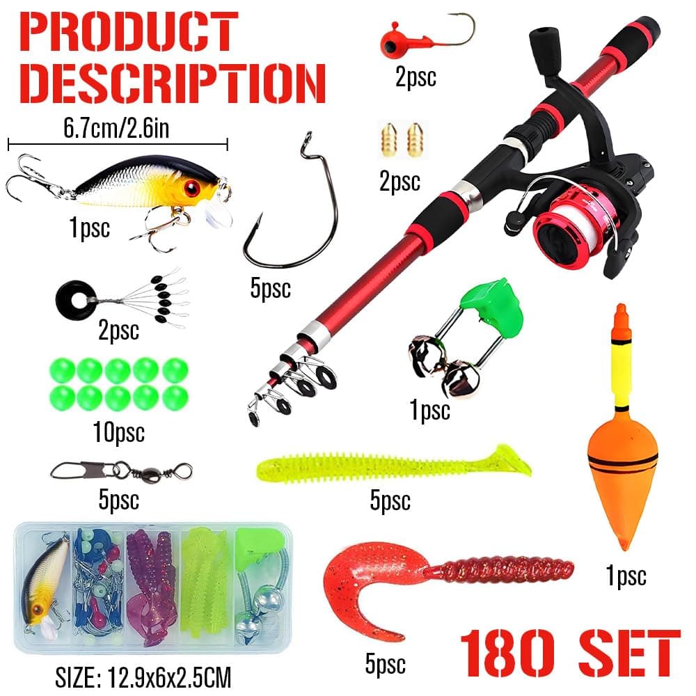 BIZOI Set de Pesca para Niños, 1,8 M Caña de Pescar Telescópica con Carrete y Juego de Cebo, Caña de Pescar Telescópica de Fibra de Carbono, Accesorios para Niños de 3 a 10 Años — view 2