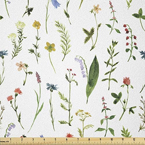 Lunarable Leaf Fabric by The Yard, Flourishing Spring Meadow with Various Wildflowers Nature Themed Watercolor Art, Stretch Knit Fabric for Clothing Sewing and Arts Crafts, 2 Yards, Green Rainbow