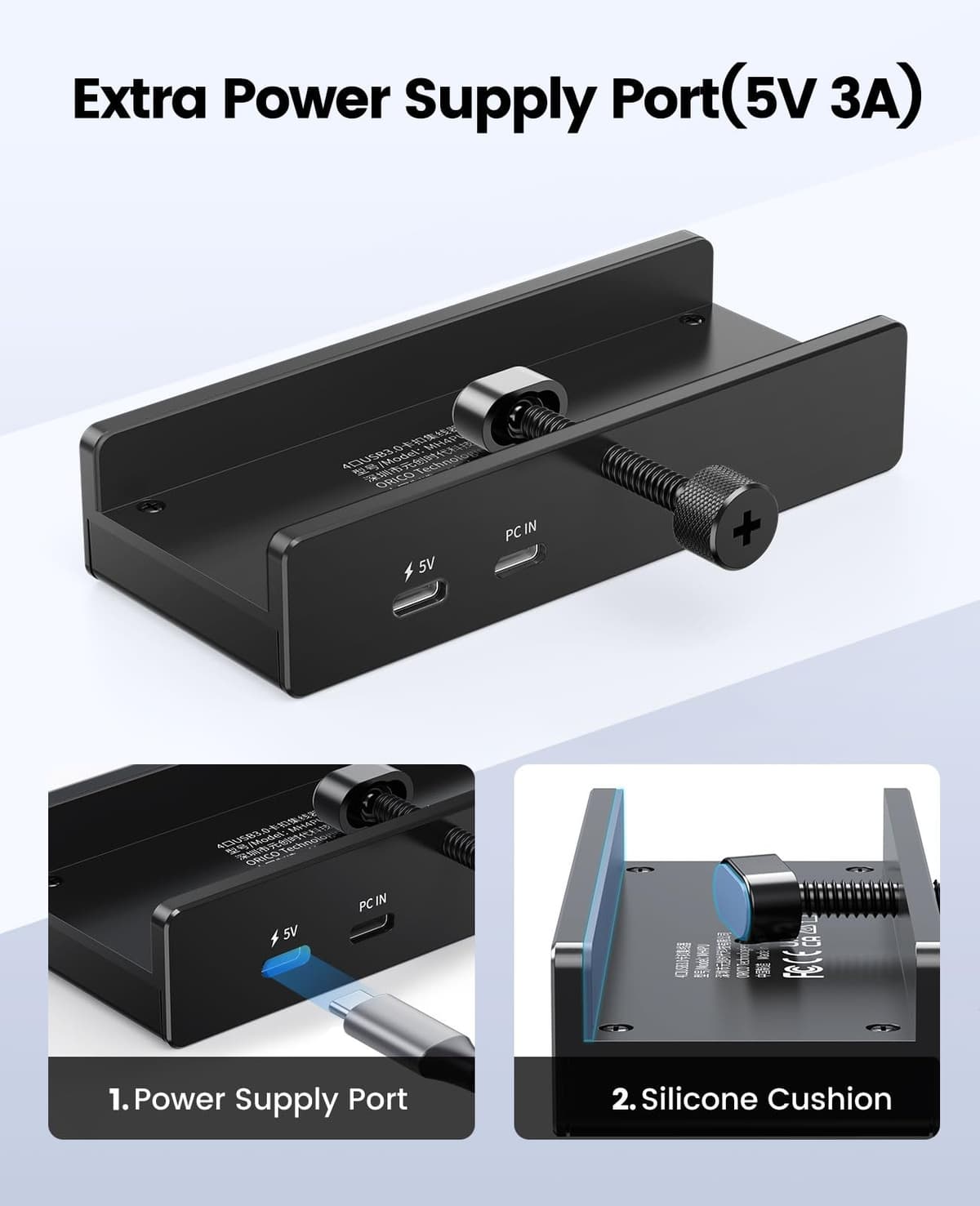 ORICO USB Hub 3.0, Clamp USB Hub with Extra Power Port, Aluminum USB C Adapter with 2 USB-A Data Ports,3.5mm AUX, SD/TF Card Reader for Desktop(Black) — view 3