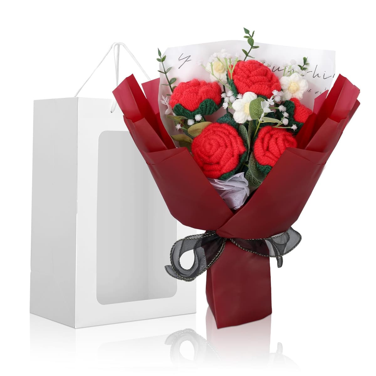 Foyucool Ramo de Flores de Ganchillo, Ramo Terminado Hecho a Mano con Bolsa de Regalo, Manualidad para Adultos, para Bodas, Día de la Madre, Día del Maestro y San Valentín, Rosa Roja