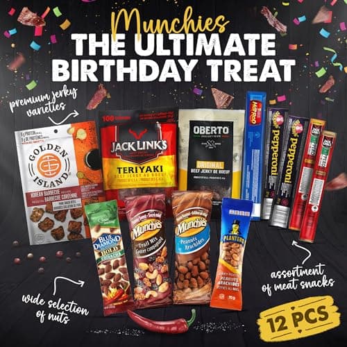 Birthday Gifts for Men & Birthday Card for Him - Beef Jerky Box - Carnivore Meat Snacks Birthday Gift Basket for Men - Great Birthday Gifts for Boyfriend , Best Gifts for Dads Birthday Gifts - Snack Box Birthday Gift for Husband - Overall Cool Birthday Gifts for Men, Dad Gifts and Gifts for Him ((12pcs) + Birthday Card)