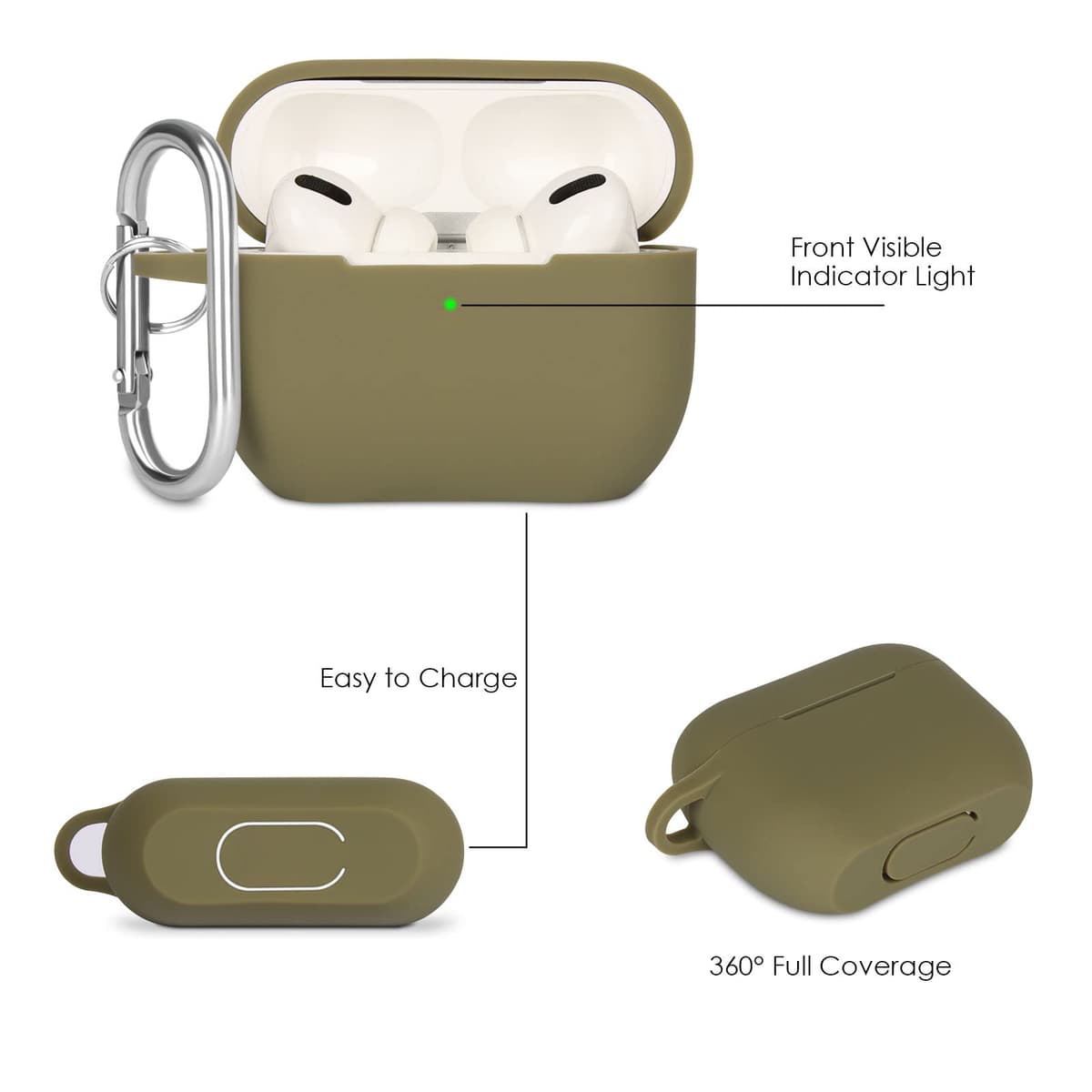 Protective Case Compatible with AirPods Pro Case, Anti-Shock Silicone Protective Cover, Soft, Non-Slip Protective Case for Airpods Pro 2019 with Carabiner, Army Green — view 3