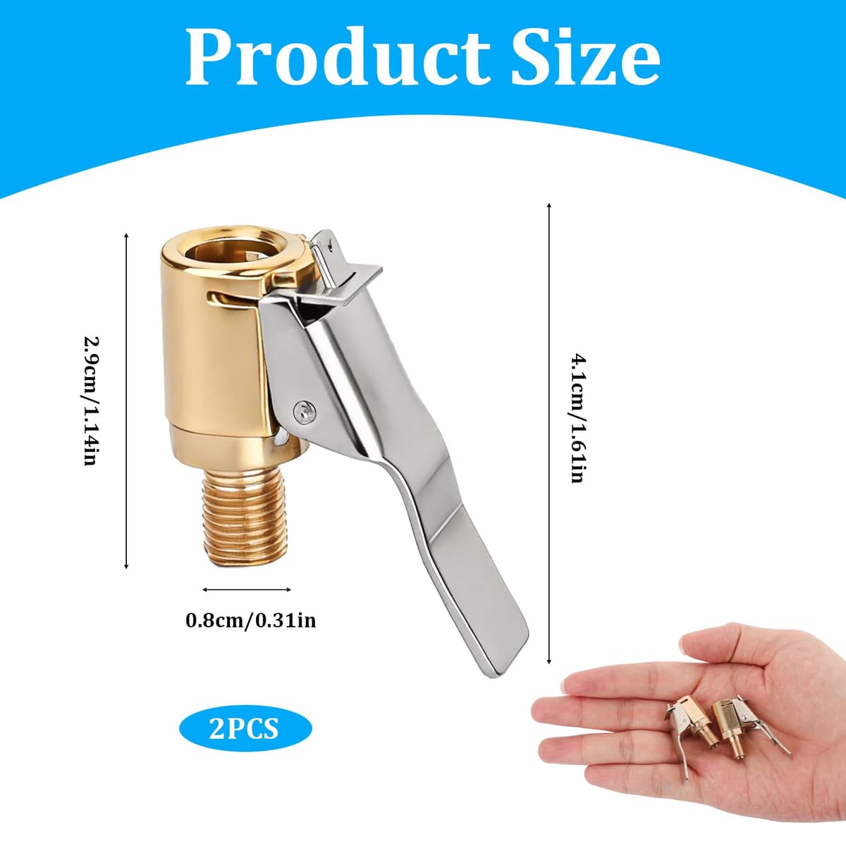 Tyre Inflator Adaptor,2PCS Brass Tyre Valve Air Pump Clip Car Pump Tire Air Chucks with Thread Nozzle Adapters Open End Car Truck Tyre Tire Inflator Valve Connector for Car Truck （8mm） — view 3