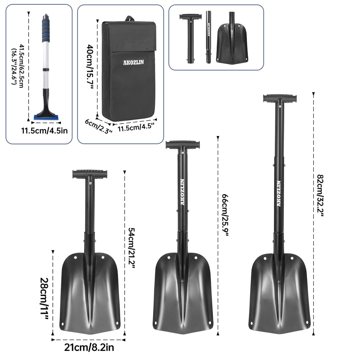 Pala telescópica de emergencia para nieve con raspador de hielo y bolsa de transporte, plegable, de aluminio, de 21.2 a 32.3 pulgadas, pala de emergencia retráctil ligera para coche, moto de nieve — view 2