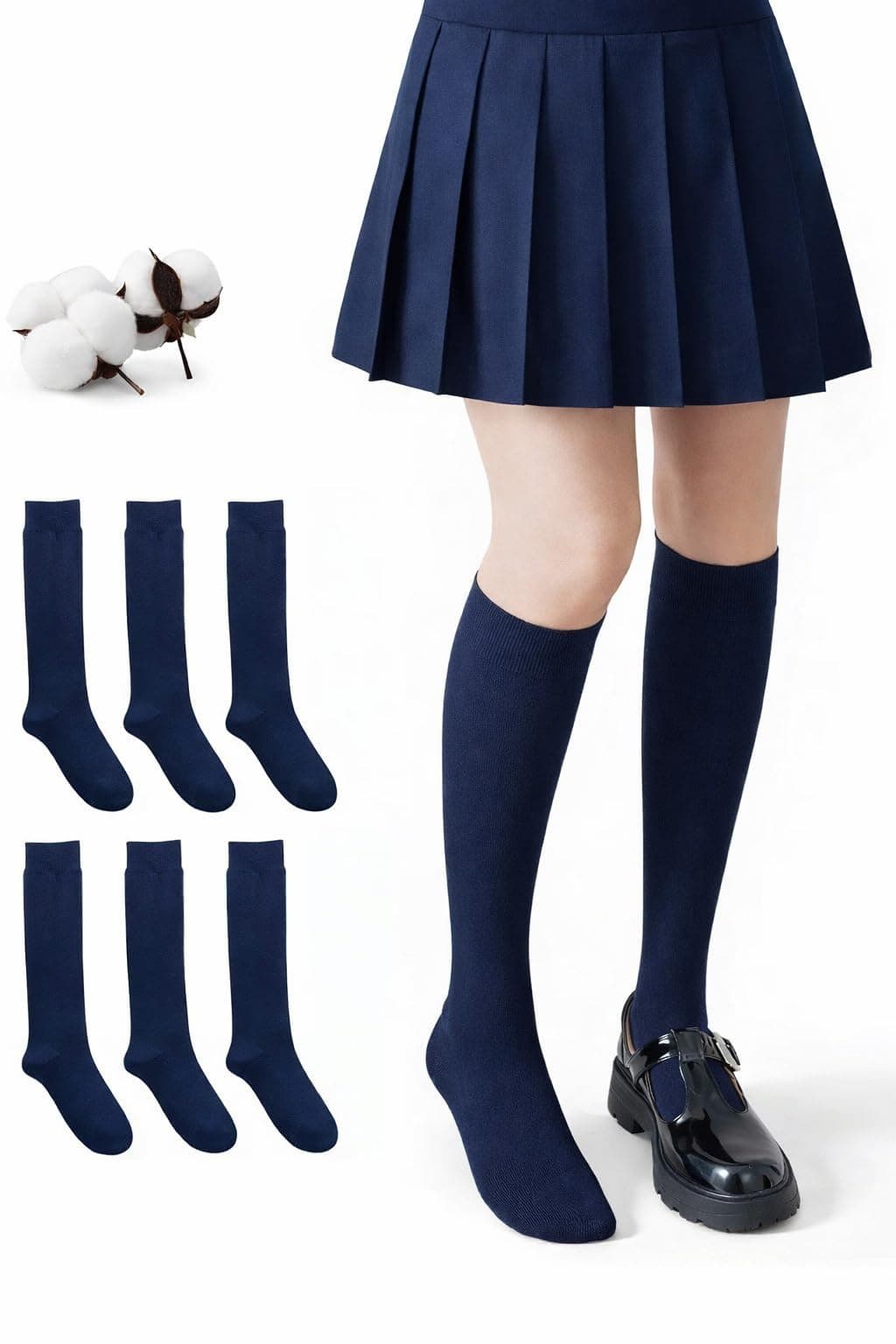 CYS Calcetines 6 Pares De Colegio Escolares Medias Largos Altos Algodón Hasta rodillas Lisos Para Niñas Niños Infantiles Uniformes Unisex