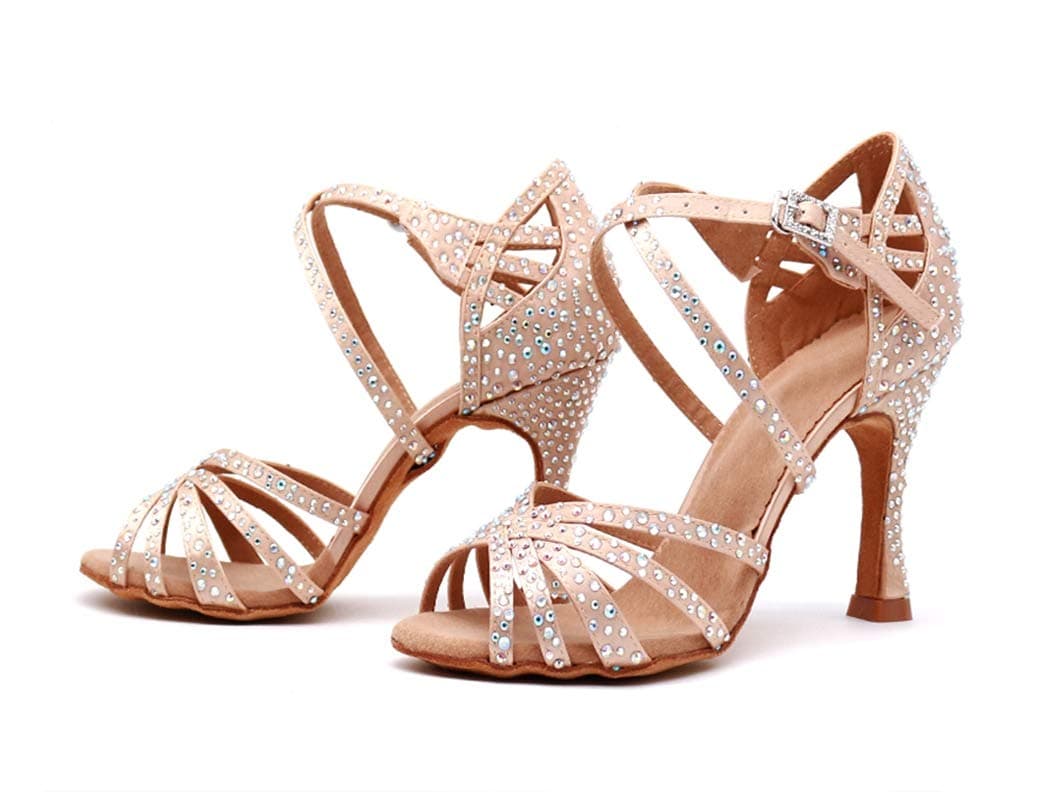 Sandalias de baile moderno latino con correa cruzada para mujer, con diamantes de imitación de tango social, bailes, Tacón marrón de 9 cm. — view 4