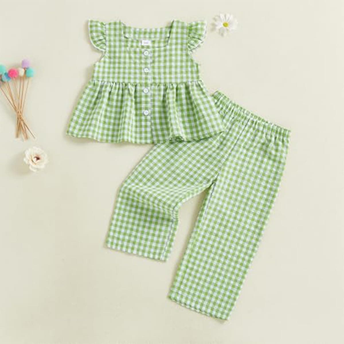 Conjunto Verano para Niñas Pequeñas Color Liso/Cuadros Sin Mangas Con Volantes Camisetas y Pantalones Anchos de Lino Ropa Infantil de Primavera — view 2