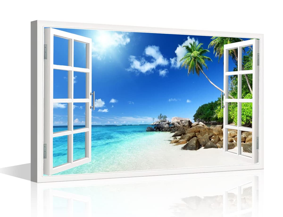 TISHIRON 3D Window View Seaside Effect Canvas Wall Art Prints for Living Room Bedroom Decor Office Kitchen Home Decoration Framed Ready to Hang 12x18inch — view 43