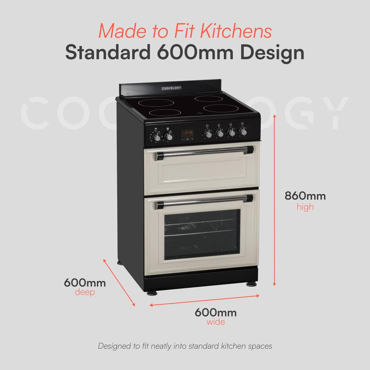 Cookology RETDO600CRM Freestanding Retro Electric Single Cooker Fan Oven in Cream - 94 Litre Capacity - 60cm Wide - Cooker Fan Oven - Ceramic Top - 4 Cooking Zone Hob — view 4