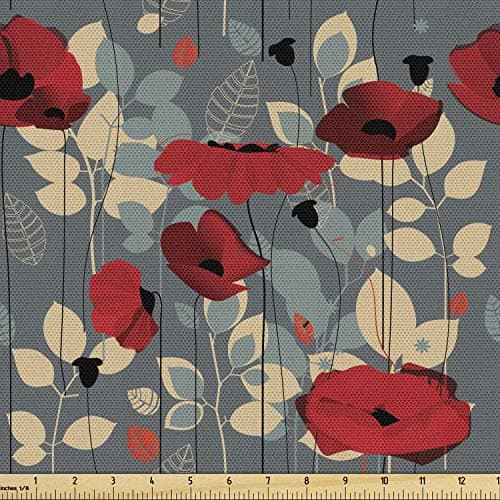 Ambesonne Blue Fabric by The Yard, Abstract Floral Pattern with Paisley Influences Ornate Curls Swirled Leaves, Decorative Fabric for Upholstery and Home Accents, 1 Yard, Blue Orange Coral