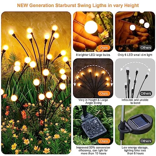 ASMAD Solar Garden Lights, 6 Pack 48 LEDs Solar Outdoor Lights, Firefly Lights for Patio Pathway Outdoor Decor, Bigger Bulb Base&Vary in Lenth, Warm White