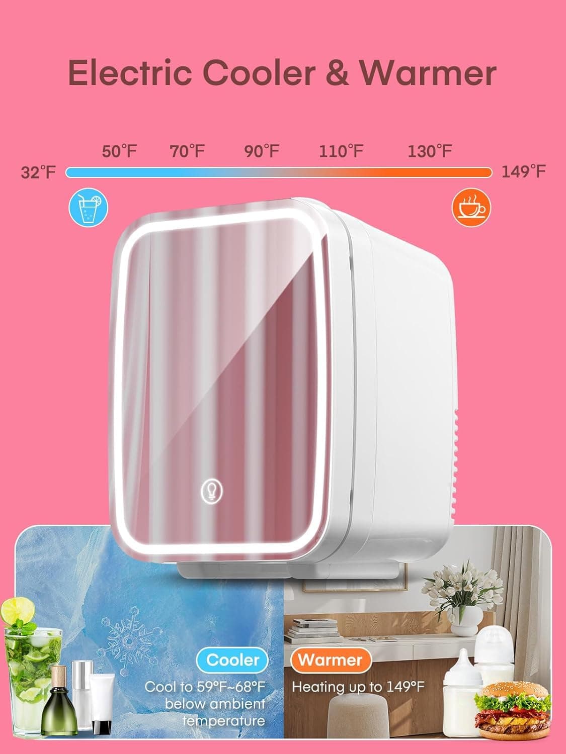 FOHERE Mini Fridge for Bedrooms, 5L/6 Can Portable Skincare Fridge with Dimmable LED Light Mirror, Cooler & Warmer for Food, Drinks and Cosmetic, Small Refrigerator for Home Office — view 4