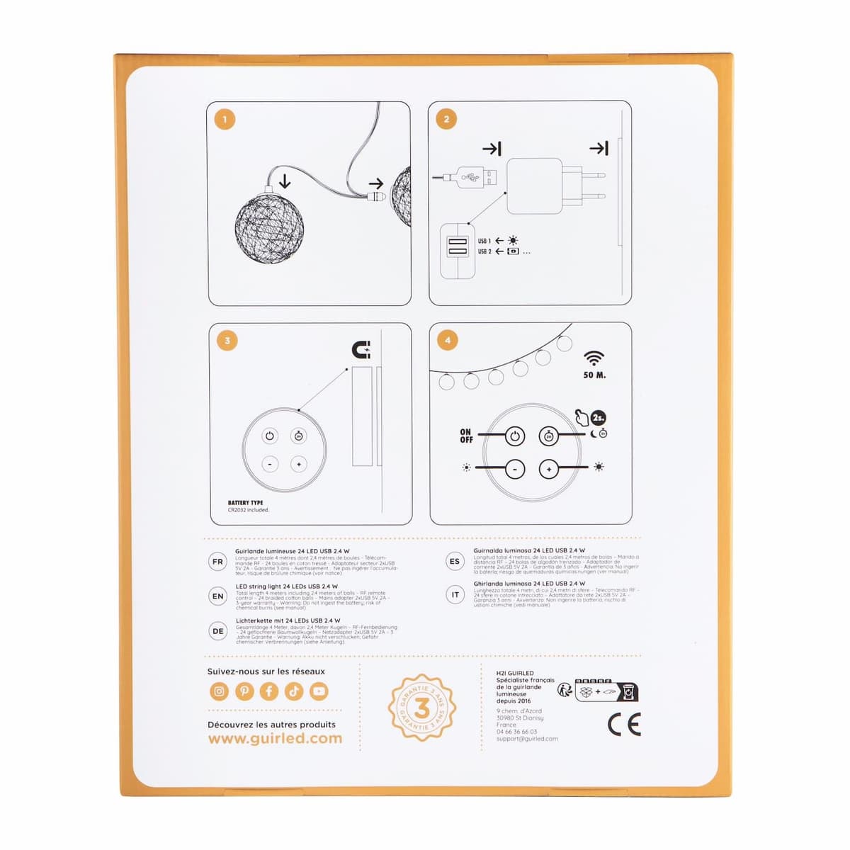 Guirnalda luminosa con bolas de algodón LED USB – Mando a distancia inalámbrico – Luz nocturna para bebé 2 h – Adaptador de red doble USB 2A incluido – 4 intensidades – 24 bolas 2,4 m – Hemisferio — view 2