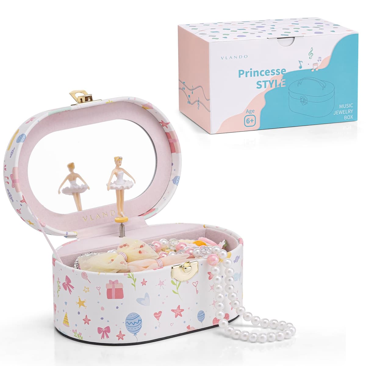 VLANDO Ellipse Joyero para niñas con caja de música, caja de joyas portátil con bailarina y espejo, juguete regalo 4 5 años niña joyero niña