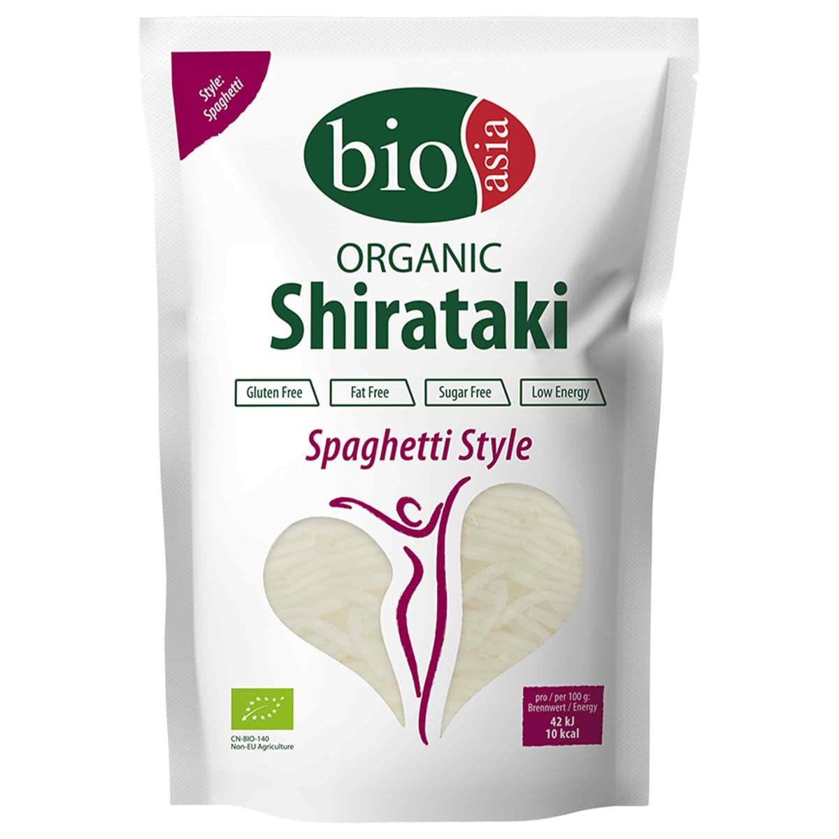 BIOASIA Espaguetis Shirataki ecológicos, fideos hechos con harina de konjac ecológica, bajo en calorías, sin azúcar, grasa ni gluten, 1 x 270 g
