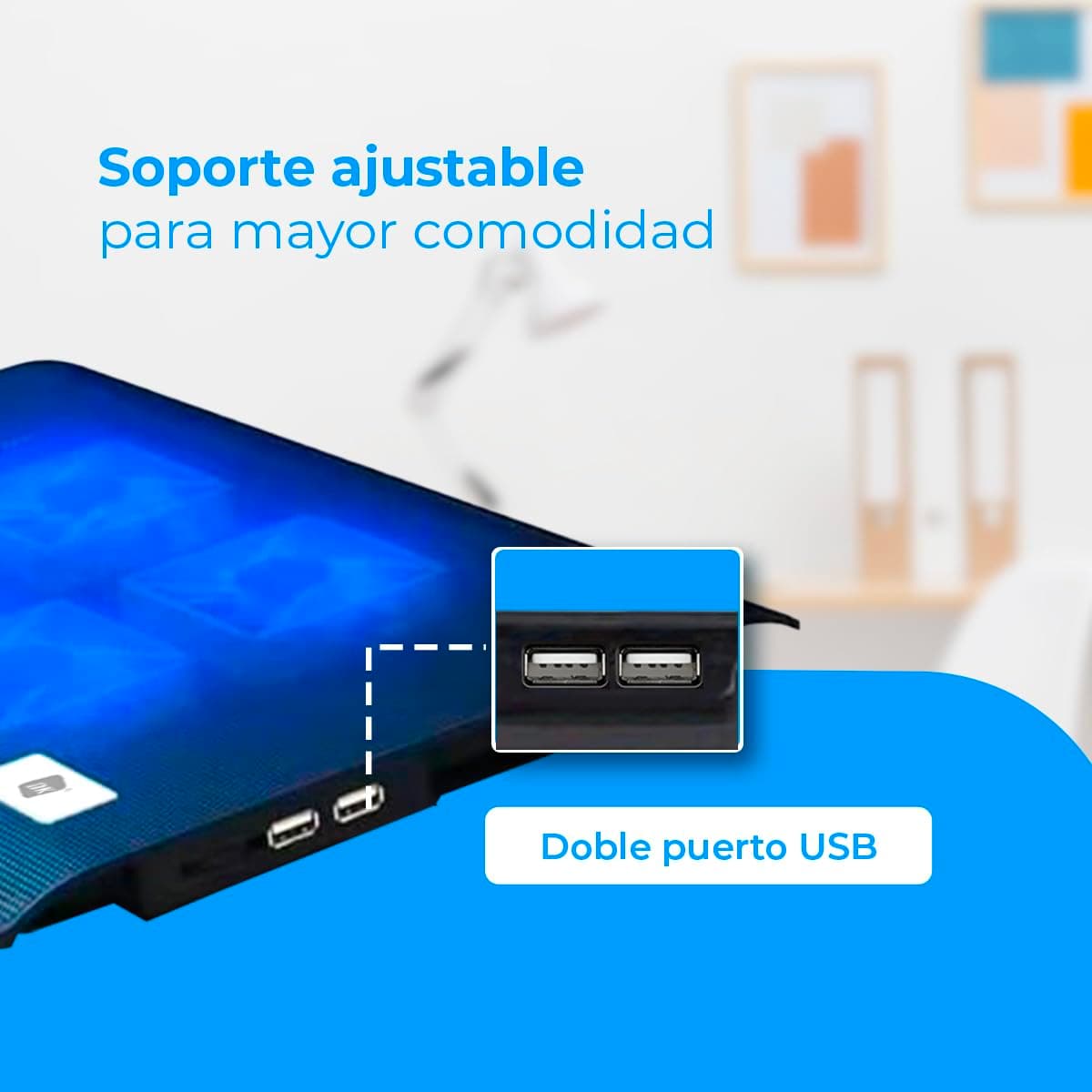 NK Base Refrigeradora Portátil - Ventilador Ordenador Portatil de 12-17" con Soporte, 4 Ventiladores Silenciosos, 2 Puertos USB, Refrigeración Rápida, Luz LED Azul - Color Negro — view 7