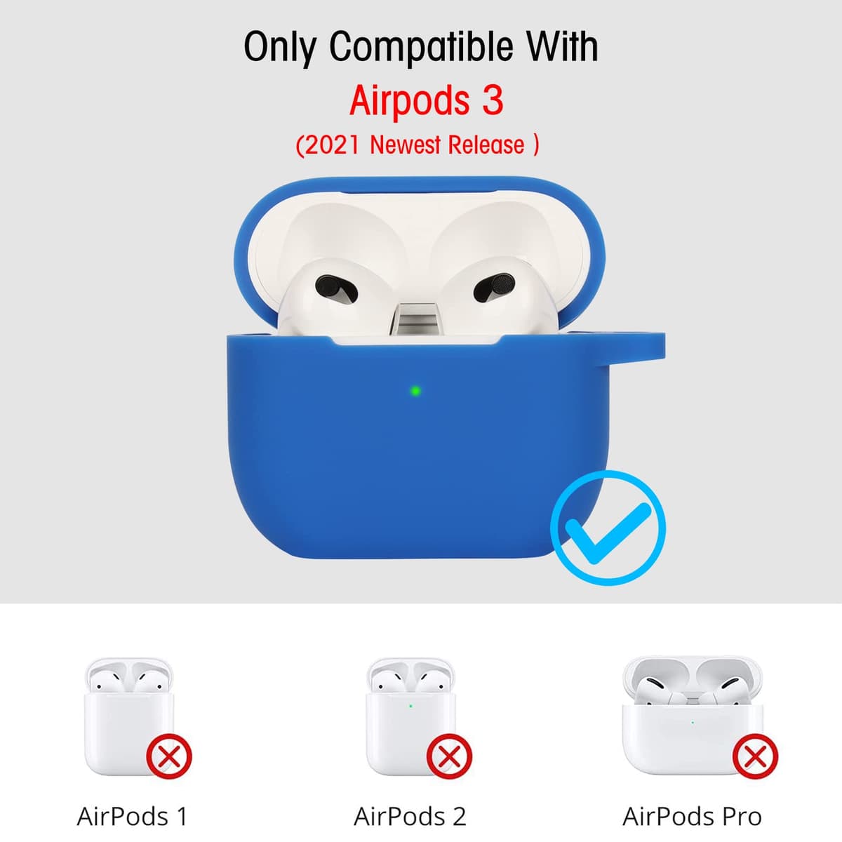 Funda de Silicona Compatible con AirPods 3, Anti-rasguños, Anti-Polvo, LED Frontal Visible, Funda Premium Silicona para AirPods 3.ª Generación (2021) con Mosquetón, Azul — view 2