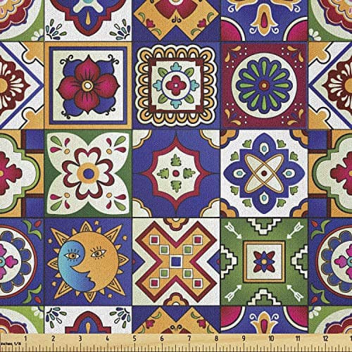 Lunarable Talavera Fabric by The Yard, Different Motif Square Tiles Print Sun and Moon Flowers Geometrical Items, Microfiber Fabric for Arts and Crafts Textiles & Decor, 2 Yards, Navy Green