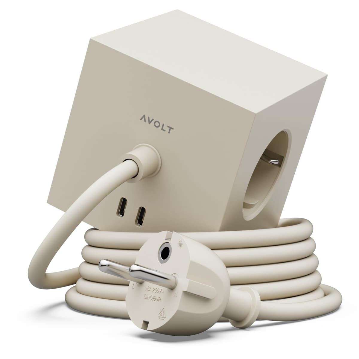 Regleta Cubo Magnética AVOLT Square 1 – Organiza Tus Enchufes en el Escritorio – 3 Enchufes y 2 Puertos – Diseño para Oficina y Hogar (Nomad Sand, USB-C 1.8m)