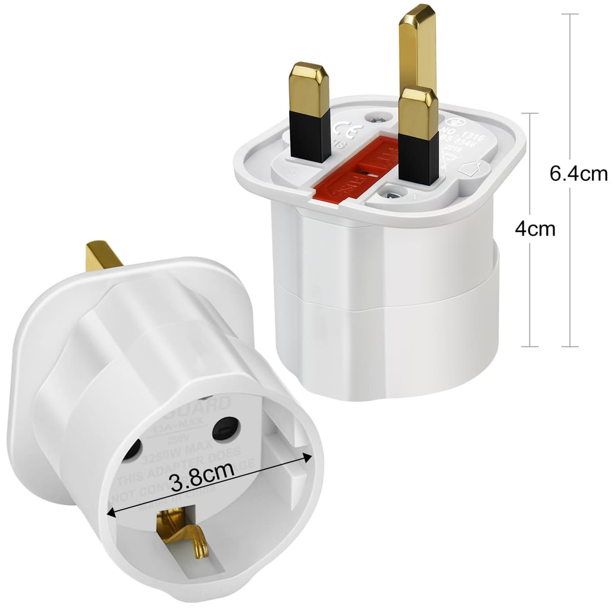 VGUARD European to UK Plug Adaptor, BS8546 Certified Travel Adapter 2-Pin to 3-Pin, EU Schuko to UK Plug with 13A Fuse for Europe French Spanish German Turkish to UK Socket, 1 Pack - White — view 5