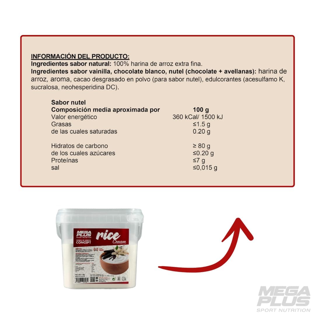 Crema de Arroz - Mega Plus Concept - Crema de arroz en polvo - Sin azúcares añadidos - alto en carbohidratos - Sin Gluten - Sin Lactosa- 1 kg (1 Kg, Choco Nutella) — view 2